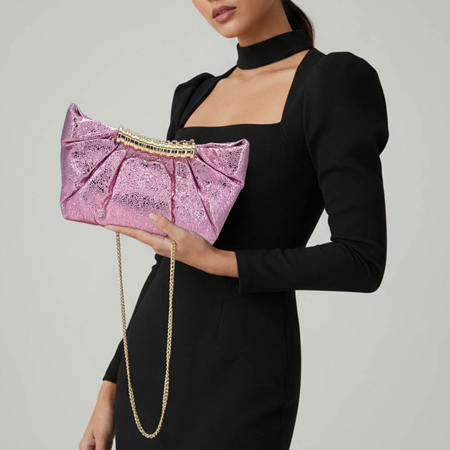 FASHNZFAB Pleated Metallic Clutch Crossbody Bag Pink One Size 2