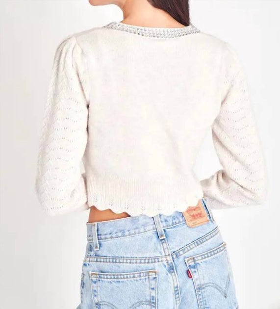 LoveShackFancy Brynner Crop Long Sleeve Cardigan Beige Small 3