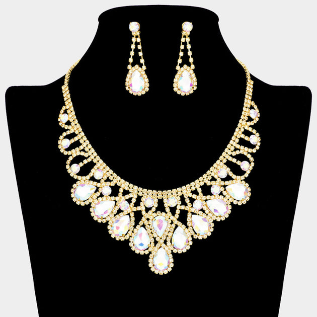 FASHNZFAB Crystal Teardrop Rhinestone Pave Evening Necklace Multi One Size 7