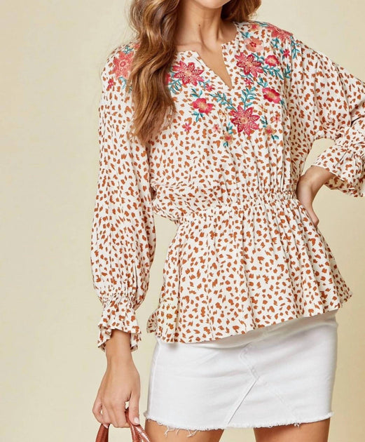 Andree by Unit Embroidered Leopard Dolman Sleeve Top Beige Small 3