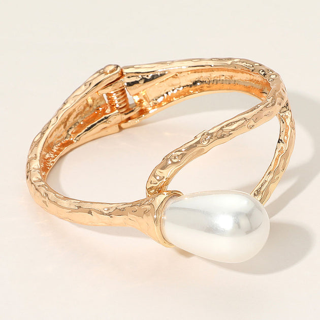 FASHNZFAB Pearl Accent Hammered Metal Hinged Bangle Silver 3