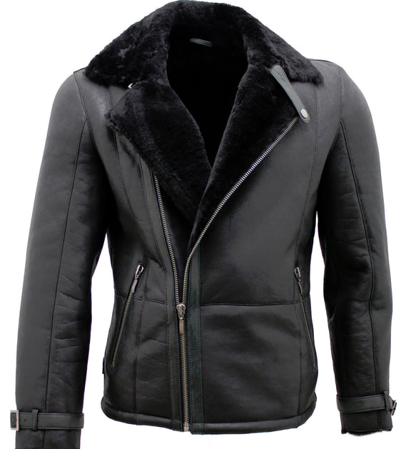 Infinity Manila Herren Doppelreihige Schaffell-Leder Bikerjacke - Schwarz, 4XLarge 2