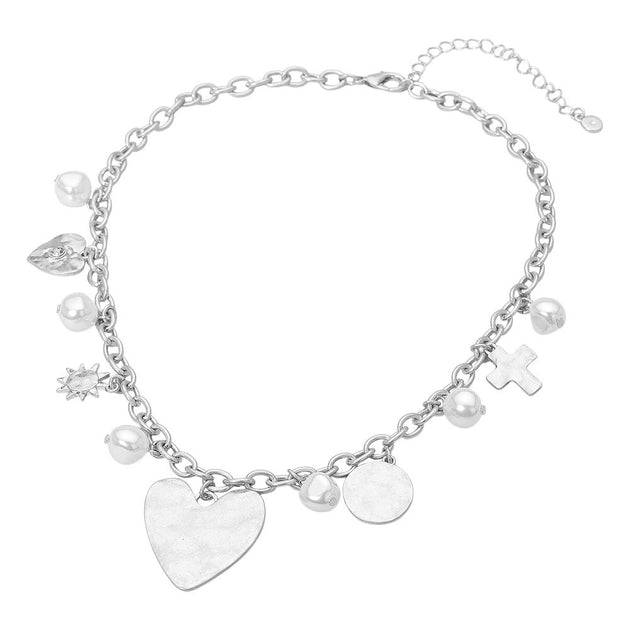FASHNZFAB Heart Cross Pearl Charm Station Necklace Cream One Size 4