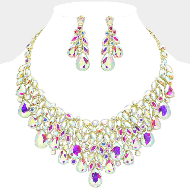 FASHNZFAB Teardrop Stone Cluster Vine Evening Necklace Pink 3