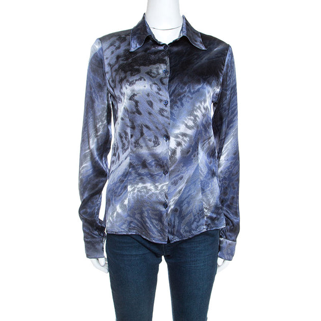 Roberto Cavalli Class Stretchseidensatin Bedrucktes Hemd Silber Medium 2