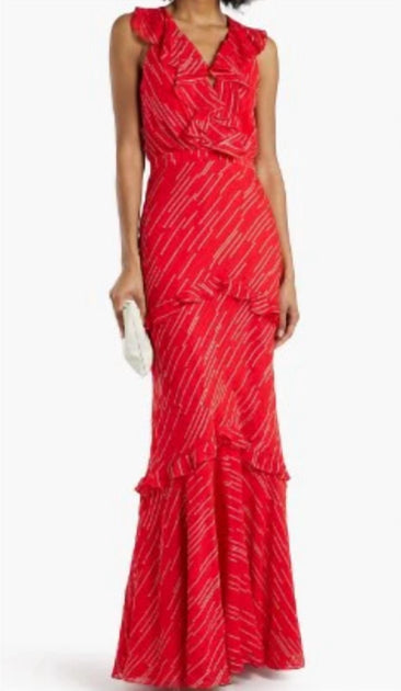 Saloni Rita Ruffled Silk Blend Maxi Dress Red US 0 3