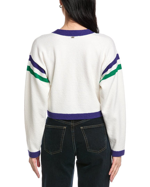 St. John Two Stripe Cropped V-Neck Wool-Blend Cardigan White Large 3