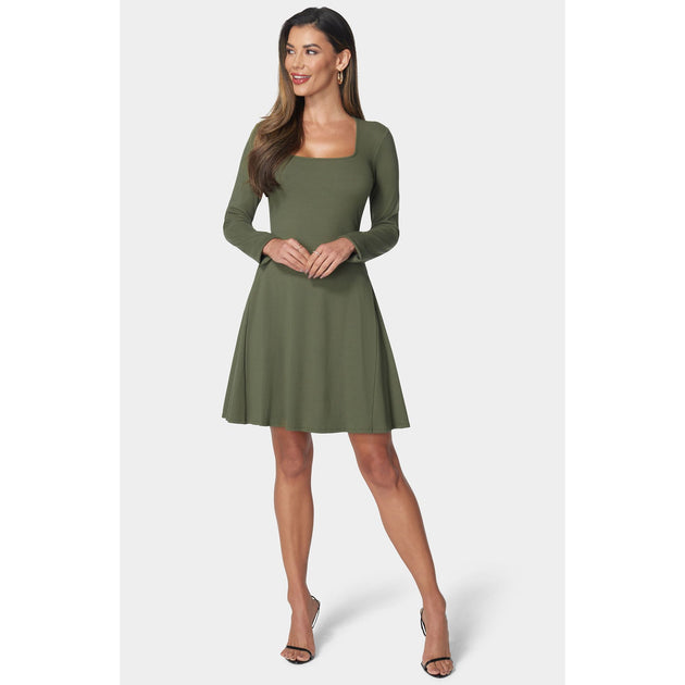 Bebe Rib Long Sleeve Godet Dress Green XLarge 2