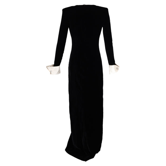 Alessandra Rich Maxi Deep V-neck Embellished Gown With Slit In Black Velvet | ShopSimon Alessandra Rich Maxi Deep V-neck Embellished Gown With Slit In Black Velvet | ShopSimon