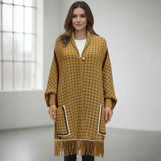TRUEDAMES Houndstooth Knit Poncho Black One Size 2