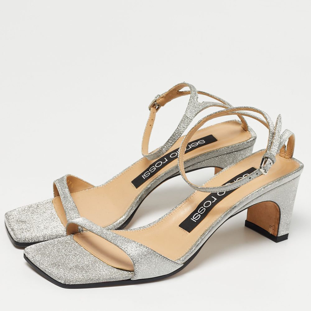 Sergio Rossi Silver Glitter Ankle Strap Sandals | ShopSimon