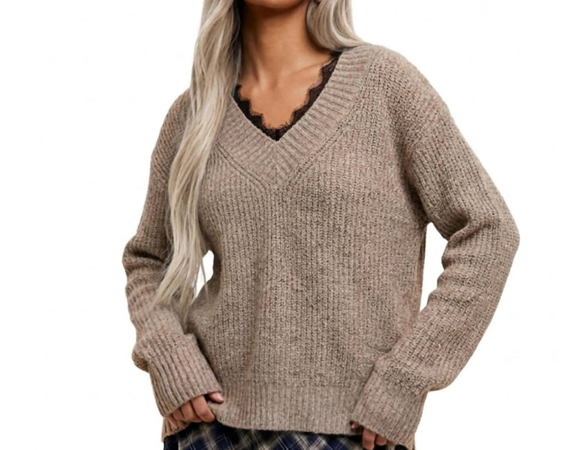 LA MIEL Boho Spitze V-Ausschnitt Rippstrick Pullover Beige Medium 2