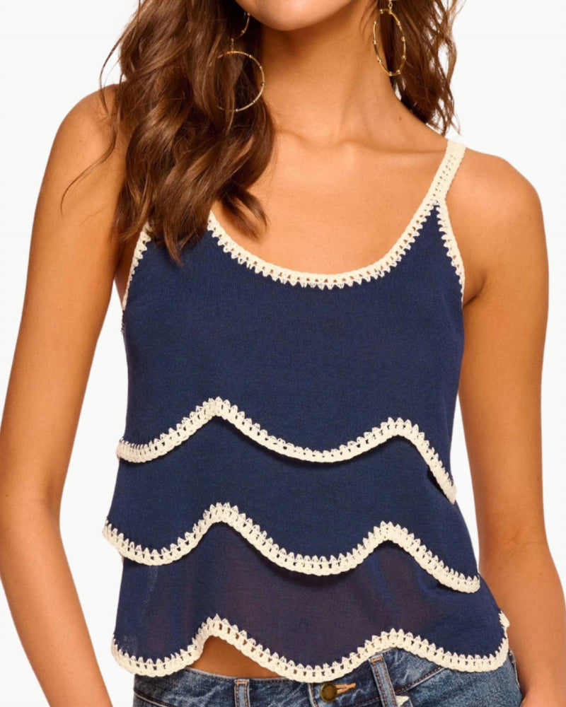 Ramy Brook Ariel Knit Tiered Tank Top In Navy Wave | ShopSimon