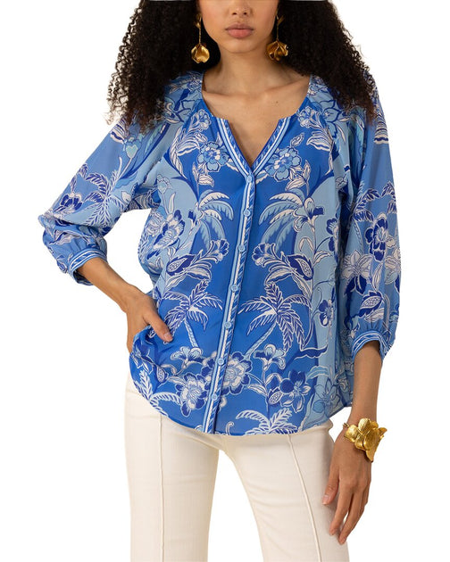 Hale Bob Freyja Long Sleeve Silk Top Blue Small 2