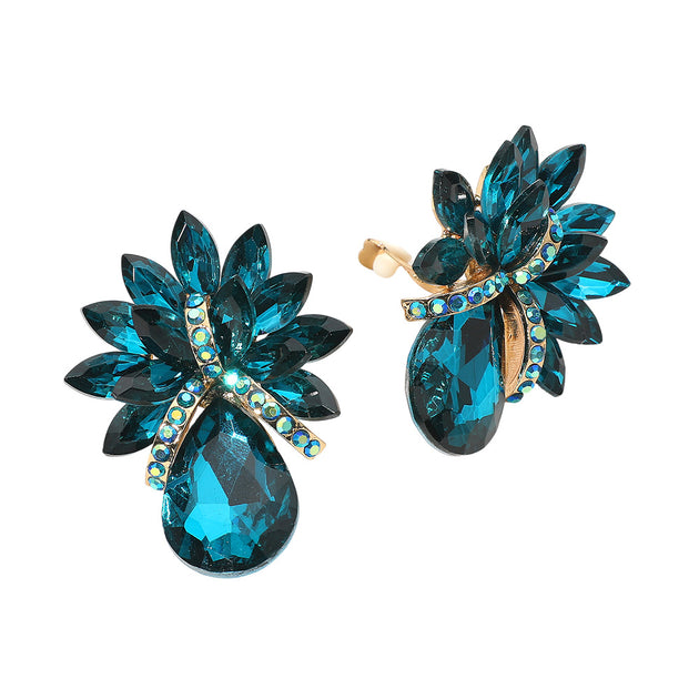 FASHNZFAB Teardrop Stone Accented Clip-on Evening Earrings Blue 6