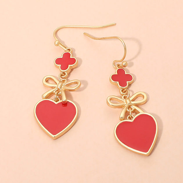 FASHNZFAB Quatrefoil Bow Heart Link Drop Earrings Pink 4