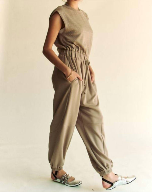 DAVI & DANI Crew Neck Rhinestone Jumpsuit Beige Large 4