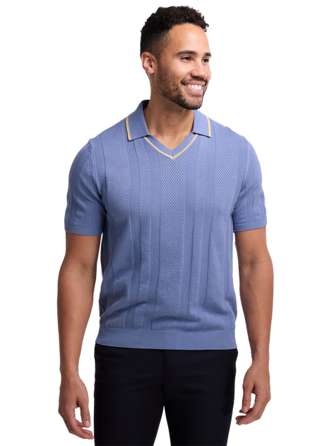 Paul Fredrick Cotton Crochet V-neck Polo Blue Small 3