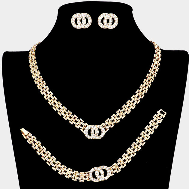 FASHNZFAB 3PCS Stone Embellished Double Open Circle Link Necklace Set Black 3