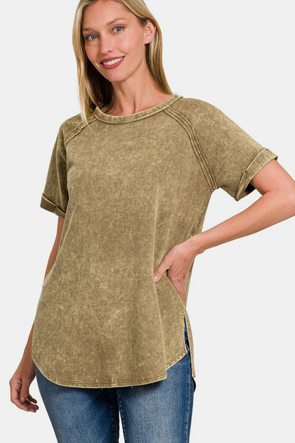 TRUEDAMES Heathered Round Neck Short Sleeve Top Beige Medium 3