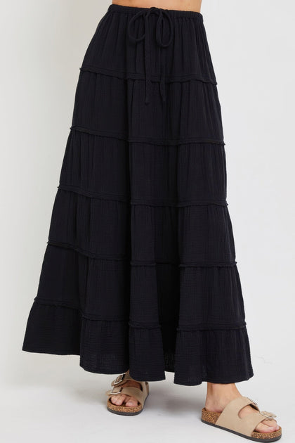 TRUEDAMES Cotton Gauze Tiered Maxi Skirt Blue Large 2