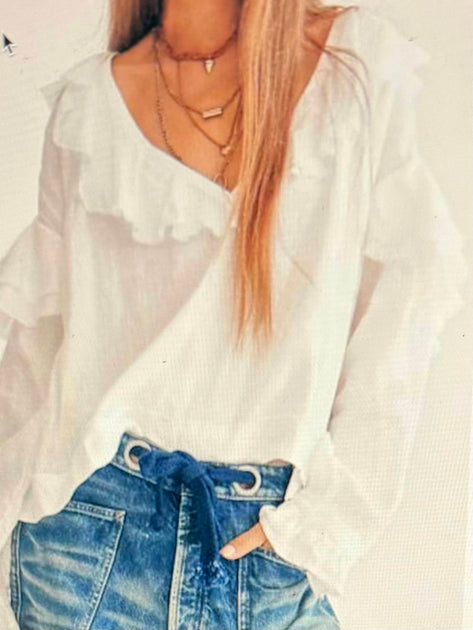 Free People Ruffle Linen Top Blue Small 3