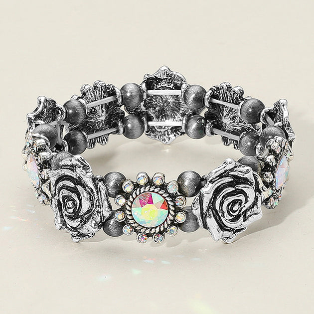 FASHNZFAB Western Flower Stone Stretch Bracelet Silver One Size 2
