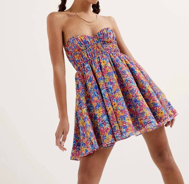 bec and bridge symone strapless mini dress for Love & Lemons Sasha Strapless Mini Dress In Blue