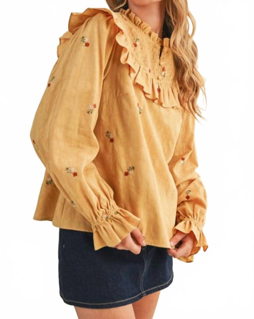 merci Ruffled Smocked Embroidered Blouse Yellow Medium 3