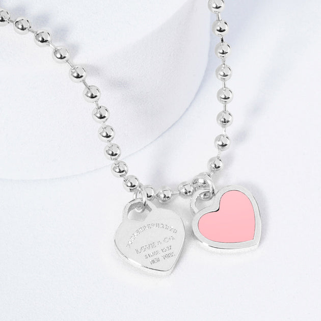 FASHNZFAB Double Heart Pendant Bubble Chain Necklace Silver 3