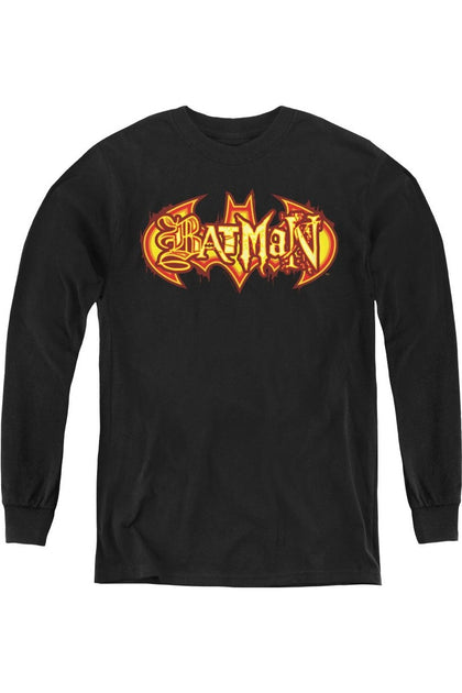 Gildan Batman Fiery Shield Youth Long Sleeve Tee Black XLarge 2