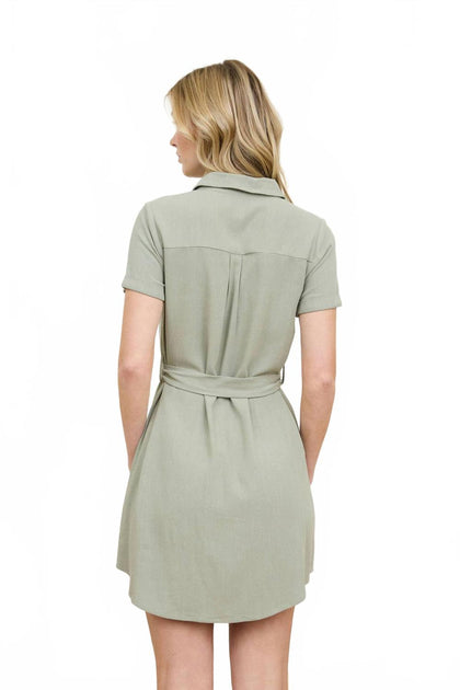 Blu Pepper Button Down Collar Belted Mini Dress Green Large 3
