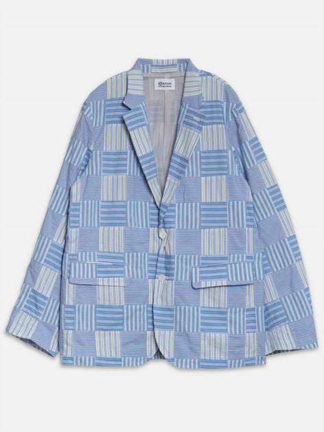 Kuon Herren Streifen Patchwork Blazer Blau Groß 3