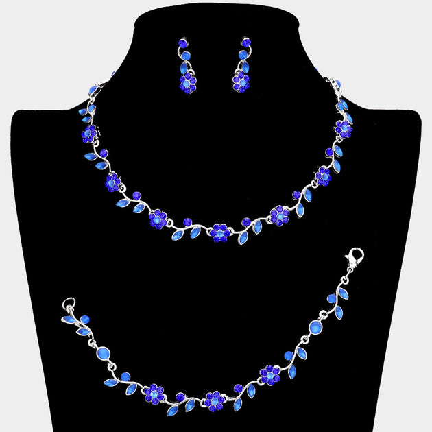 FASHNZFAB Flower Leaf Cluster Rhinestone Jewelry Set Black 3