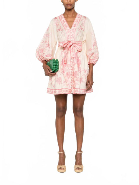 Zimmermann Lucky Plunge Mini Dress In Cream/pink Floral