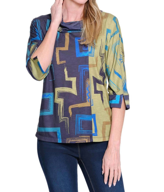 Multiples Print Slub Knit Turtleneck Top Blue Medium 2