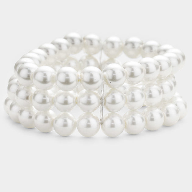 FASHNZFAB Multi Layered Pearl Stretch Bracelet White Silver One Size 2