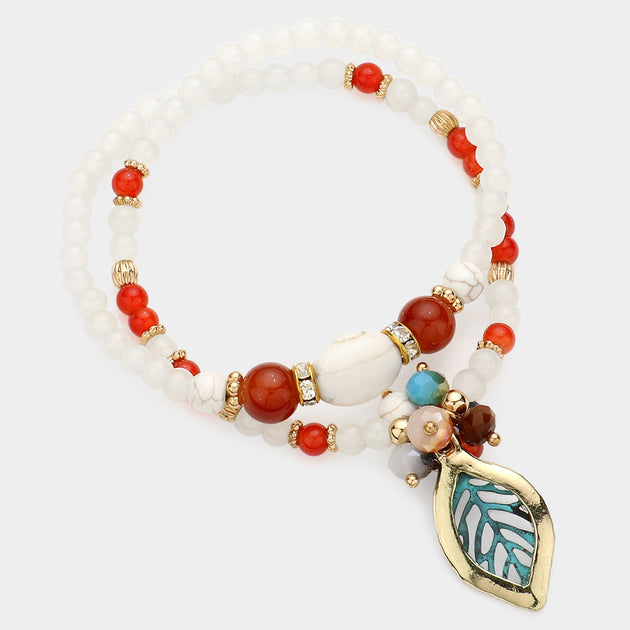 FASHNZFAB Metal Leaf Pendant Natural Stone Glass Beaded Stretch Bracelet Ivory Blue One Size 2