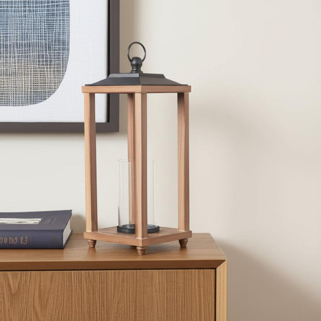 Hivvago 21 inch Geometric Metal Wood Tabletop Lantern Brown Black 3