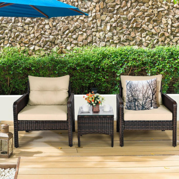 Hivvago 3 Pieces Outdoor Patio Rattan Conversation Set Beige 3