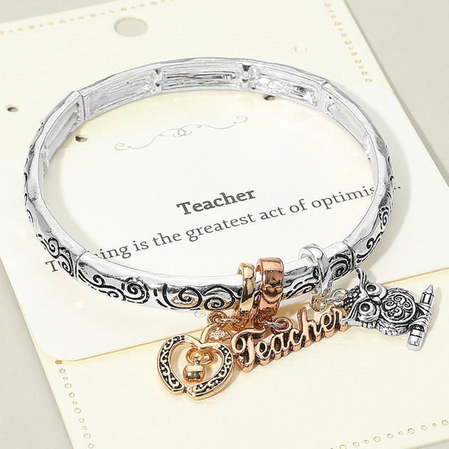 FASHNZFAB Teacher Message Owl Apple Charm Stretch Bracelet Silver Female 4