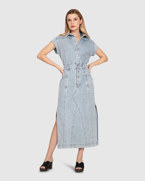Belle & Bloom Sundown Denim Midi Shirt Dress White Medium 2