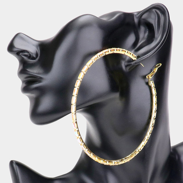 FASHNZFAB Rectangle Stone Cluster Hoop Earrings Gold Black 6