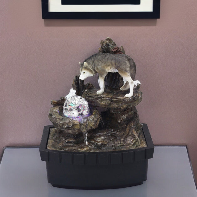 Hivvago 10" Black Polyresin Wolf Tabletop Fountain 3