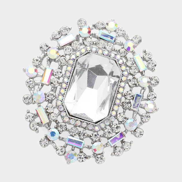 FASHNZFAB Rectangle Glass Stone Pin Brooch Silver 2