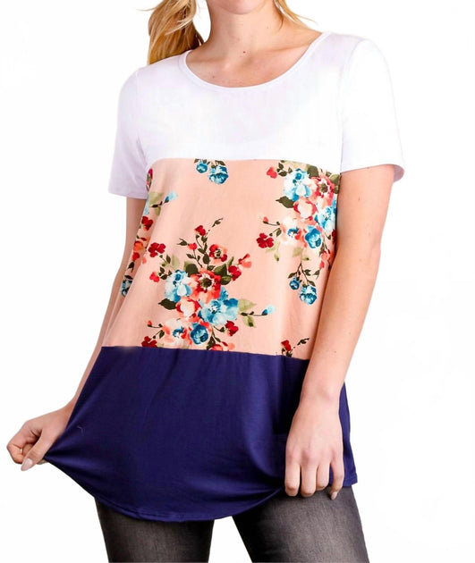 Simply Ruby Color Block Floral Long Tee White Large 2