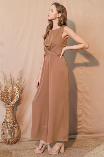 TRUEDAMES Washed Poly Silk Twist Front Jumpsuit Beige Medium 3