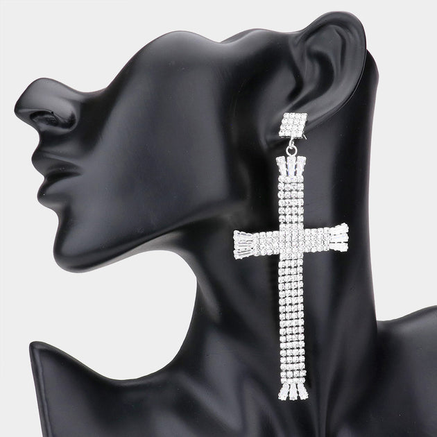 FASHNZFAB Rhinestone Cross Dangle Earring Silver Black 2