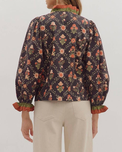 Entro Floral Print Long Sleeve Top Black Large 4