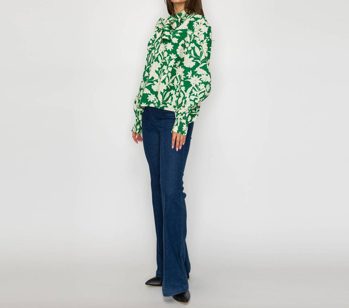 Love Wednesday Print Bow Tie Blouse Green Small 4